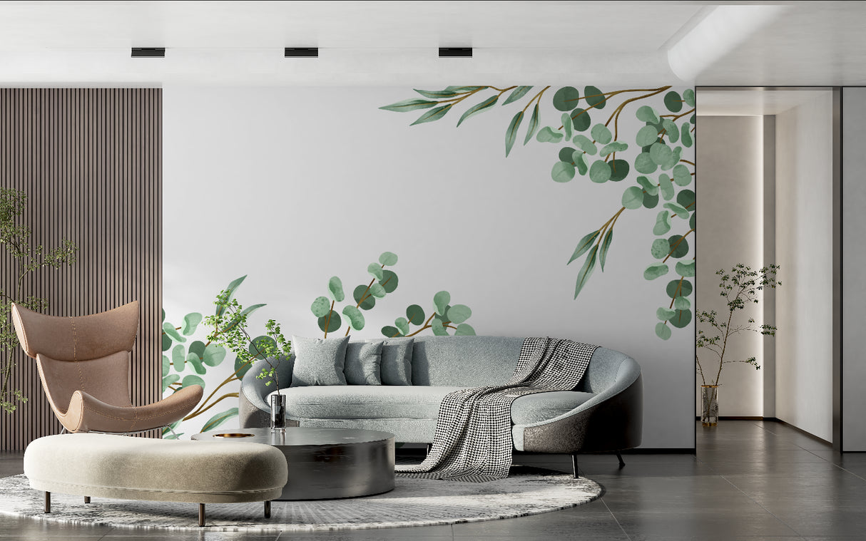 Home office featuring minimalist eucalyptus wall mural in soft sage green tones