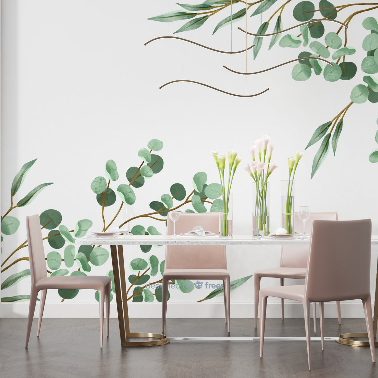 Bathroom space transformed with green eucalyptus leaf wallpaper design