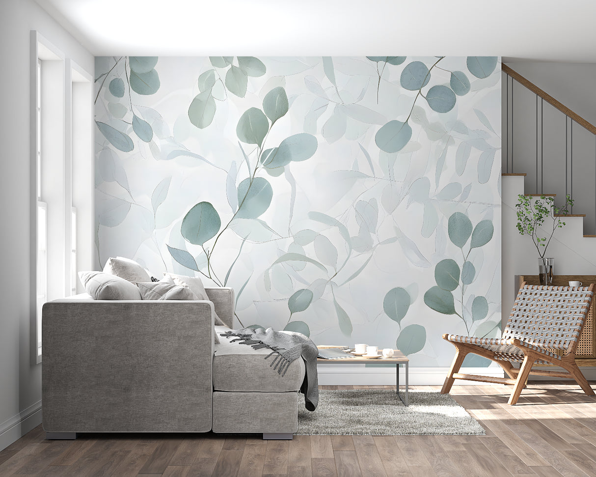Eucalyptus leaf wallpaper creating a serene atmosphere in a modern living room