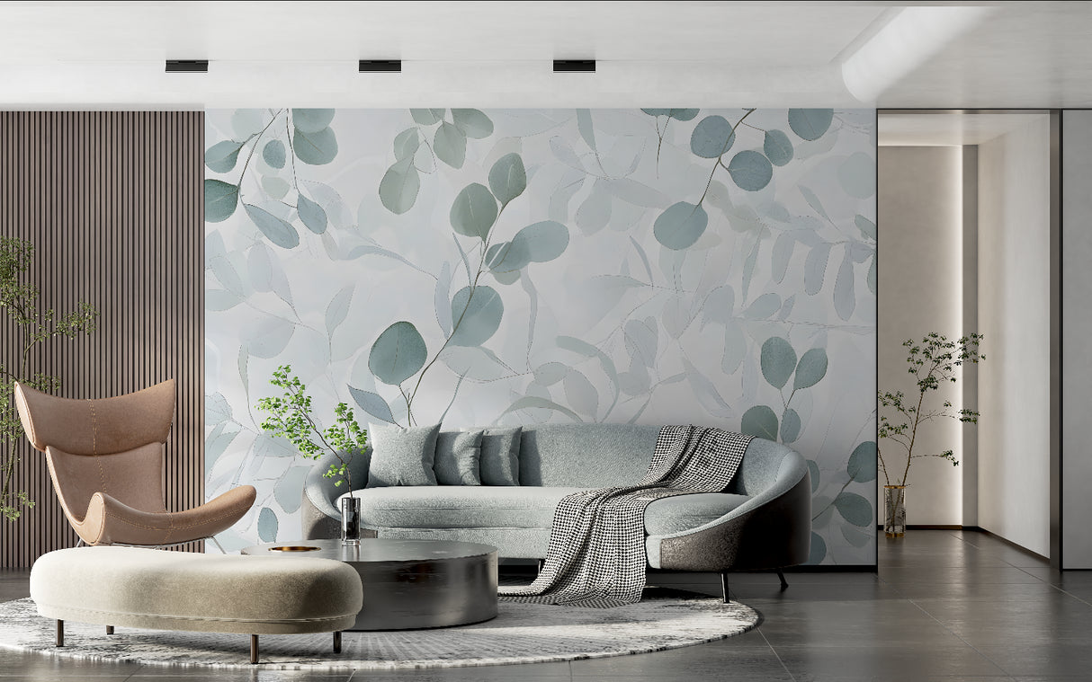 Botanical wall mural bringing nature into a bright bedroom space