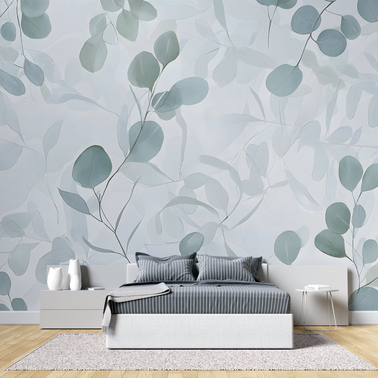 Green eucalyptus wallpaper adding fresh style to a home office
