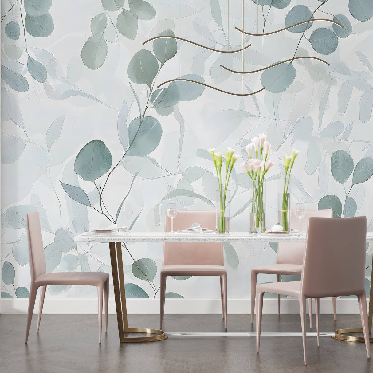 Watercolor eucalyptus mural creating a spa-like feel in a bathroom