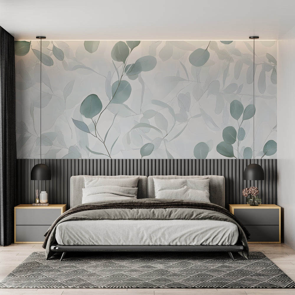 Nature-inspired wallpaper enhancing a dining room with soft green tones