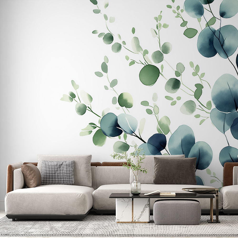 Eucalyptus botanical wallpaper creating a serene atmosphere in a modern living room with natural light and minimal furniture