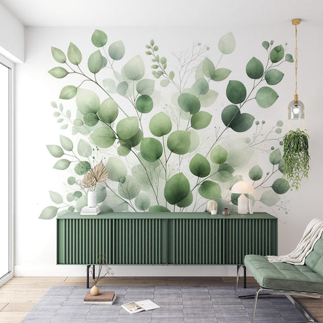 Eucalyptus leaf wallpaper creating a peaceful atmosphere in a modern living room with natural light