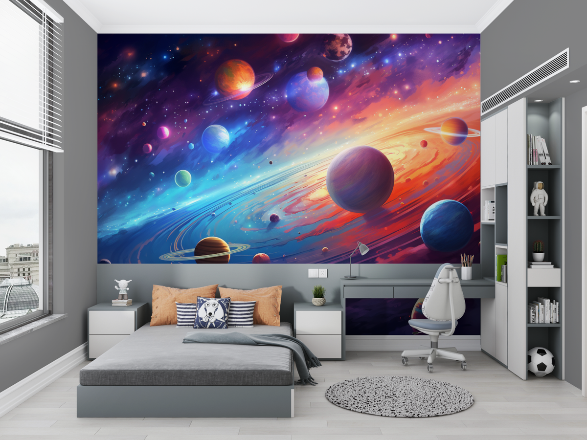 Space Mural Wallpaper | Colorful Galaxy and Planets Design