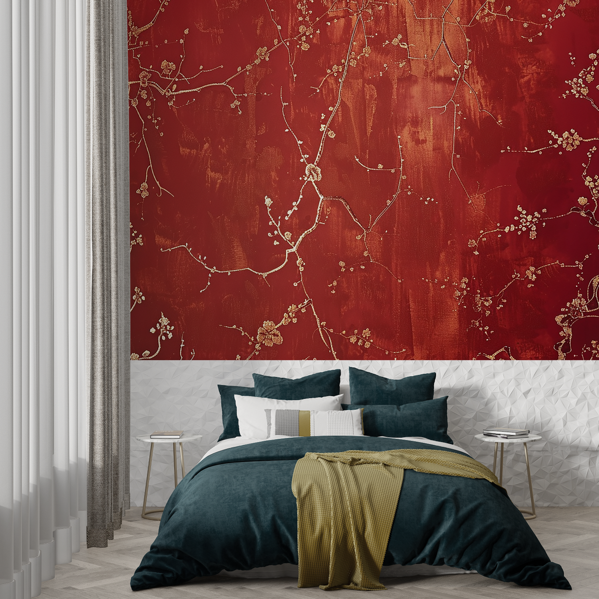 Cherry Blossom Mural Wallpaper | Red and Gold Asian Art