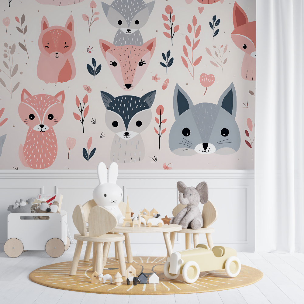 Forest Animals Mural Wallpaper | Pink and Grey Fox Pattern