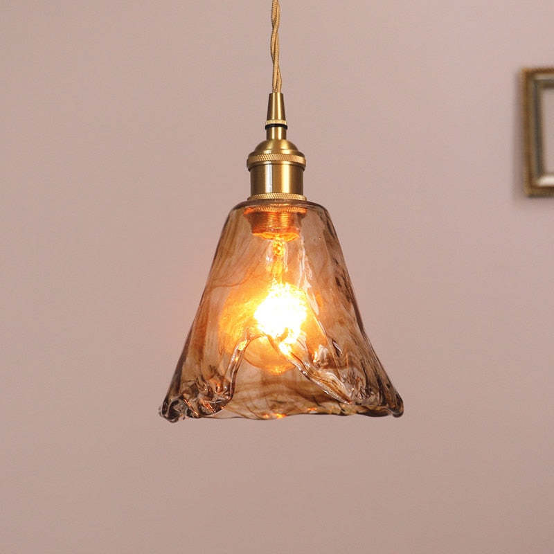 Vintage Glass Pendant Light Amber Textured Shade - Product showcase