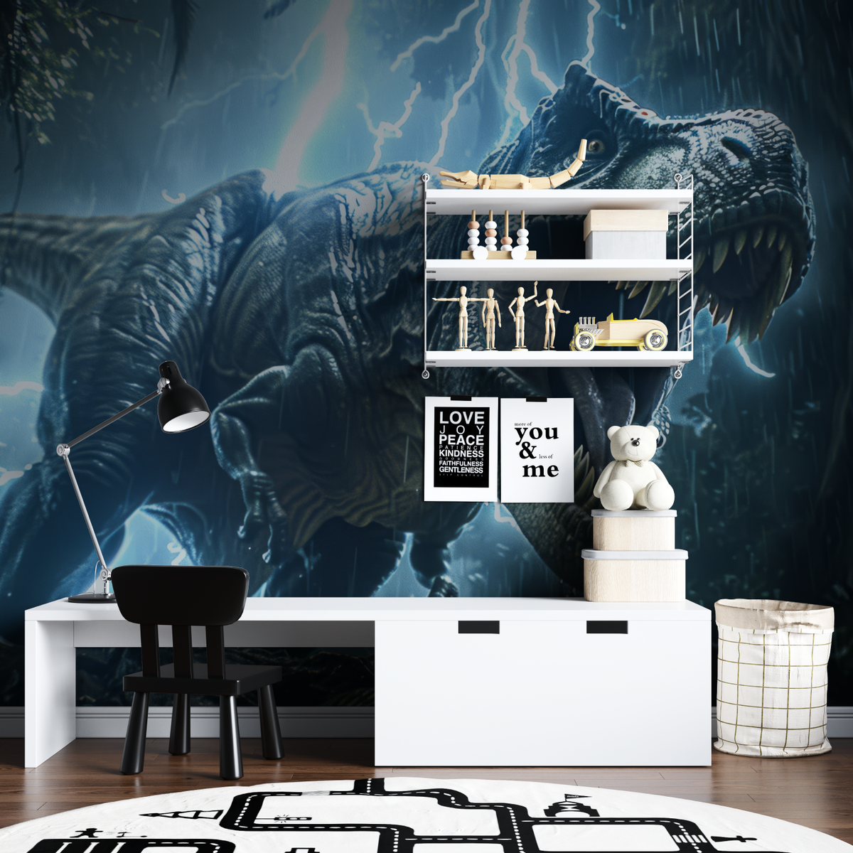 Dinosaur Mural Wallpaper | T-Rex Storm Lightning Scene