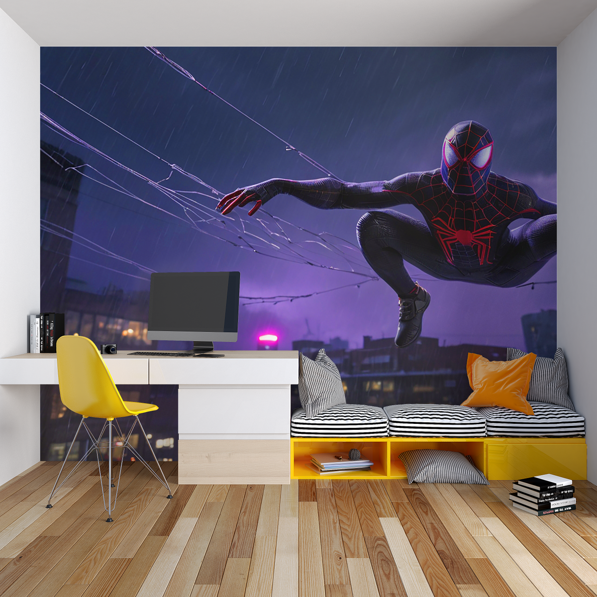 Night Superhero Mural Wallpaper | Spider Theme in Purple Rain