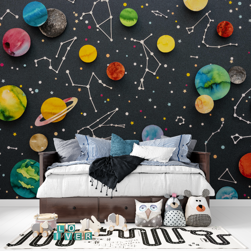 Space Mural Wallpaper | Colorful Planets and Constellations