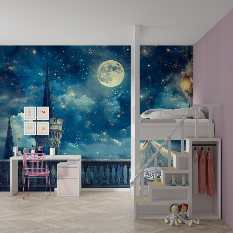 Castle Mural Wallpaper | Moonlit Fantasy Night Scene