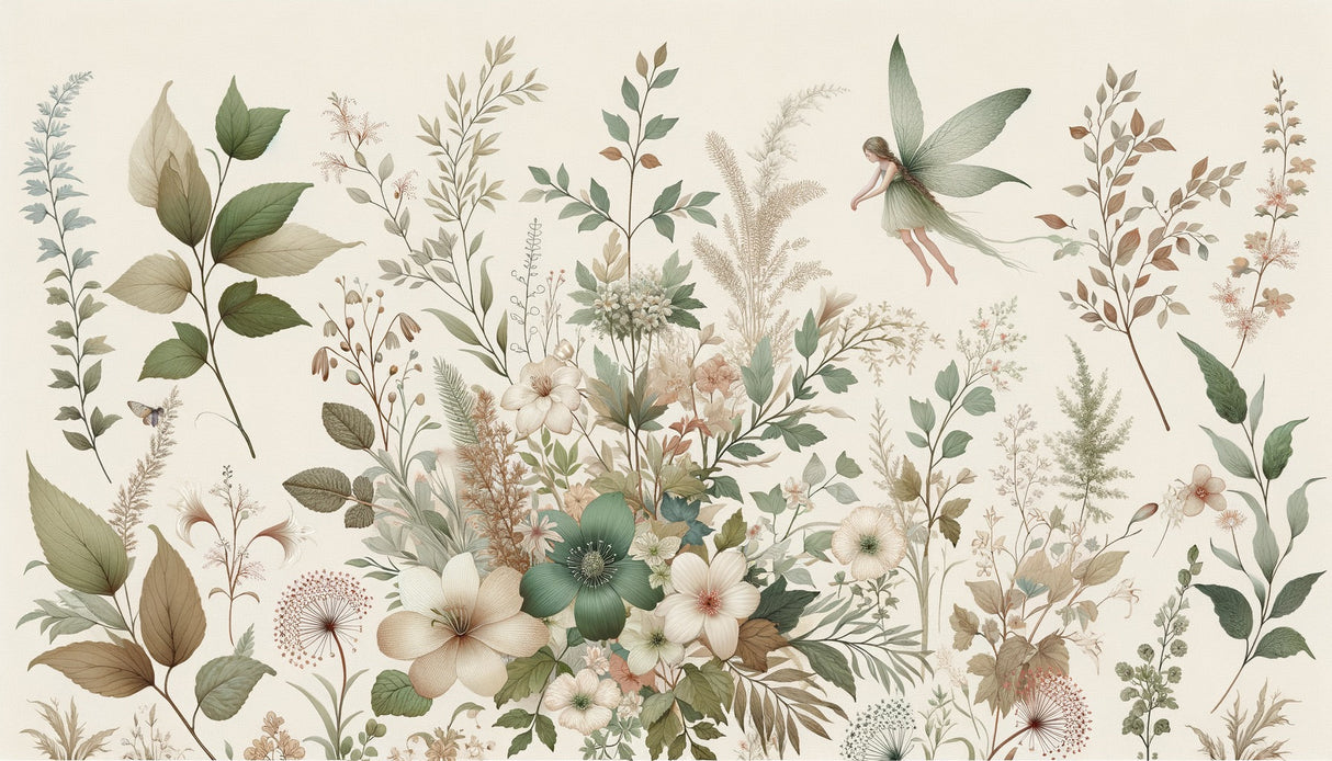 Fairy Garden Wallpaper creating magic in a child's bedroom with soft sage and beige tones