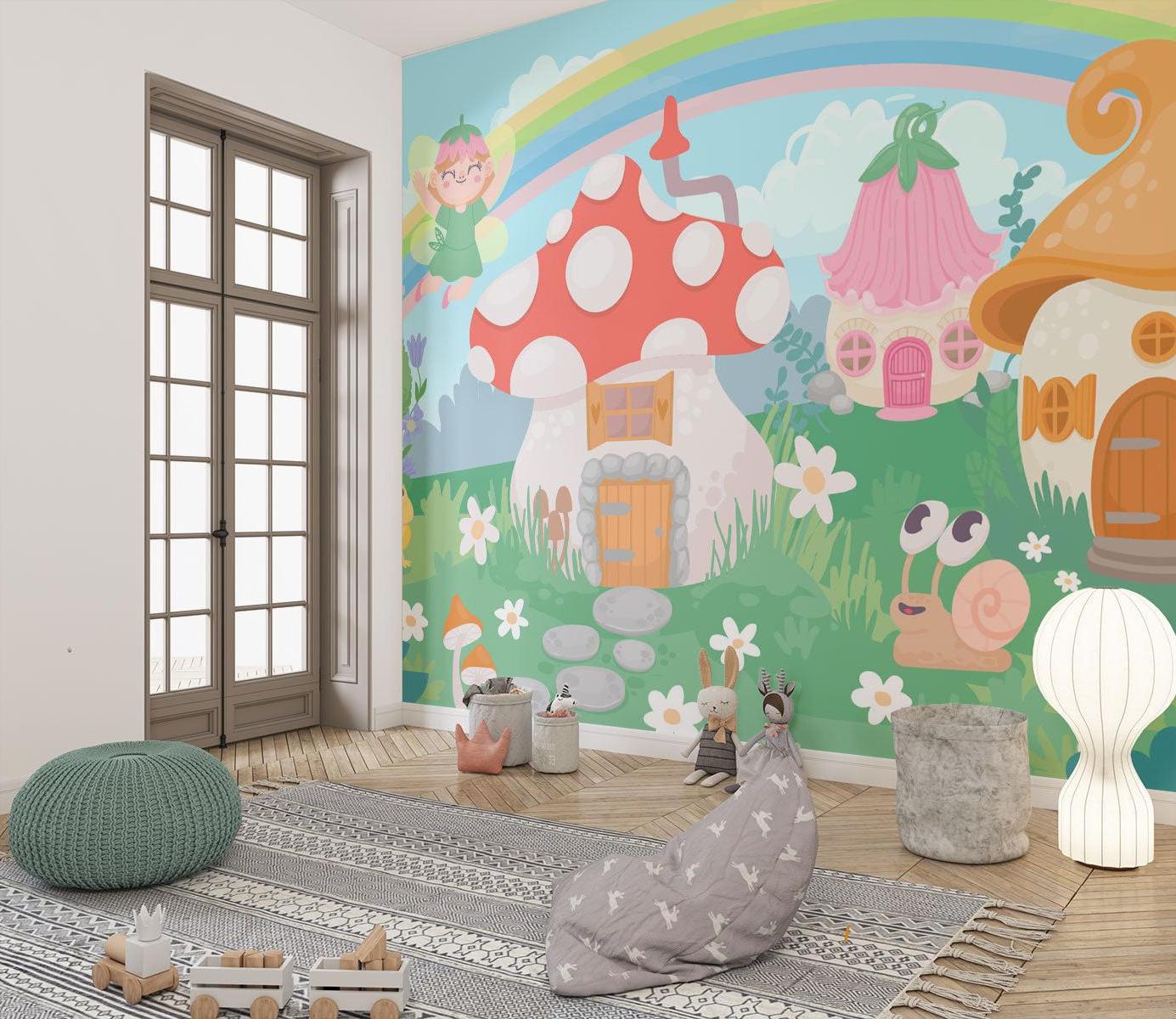 Fairy Garden Wallpaper in cozy nursery with reading nook, showing magical mushroom houses and rainbow