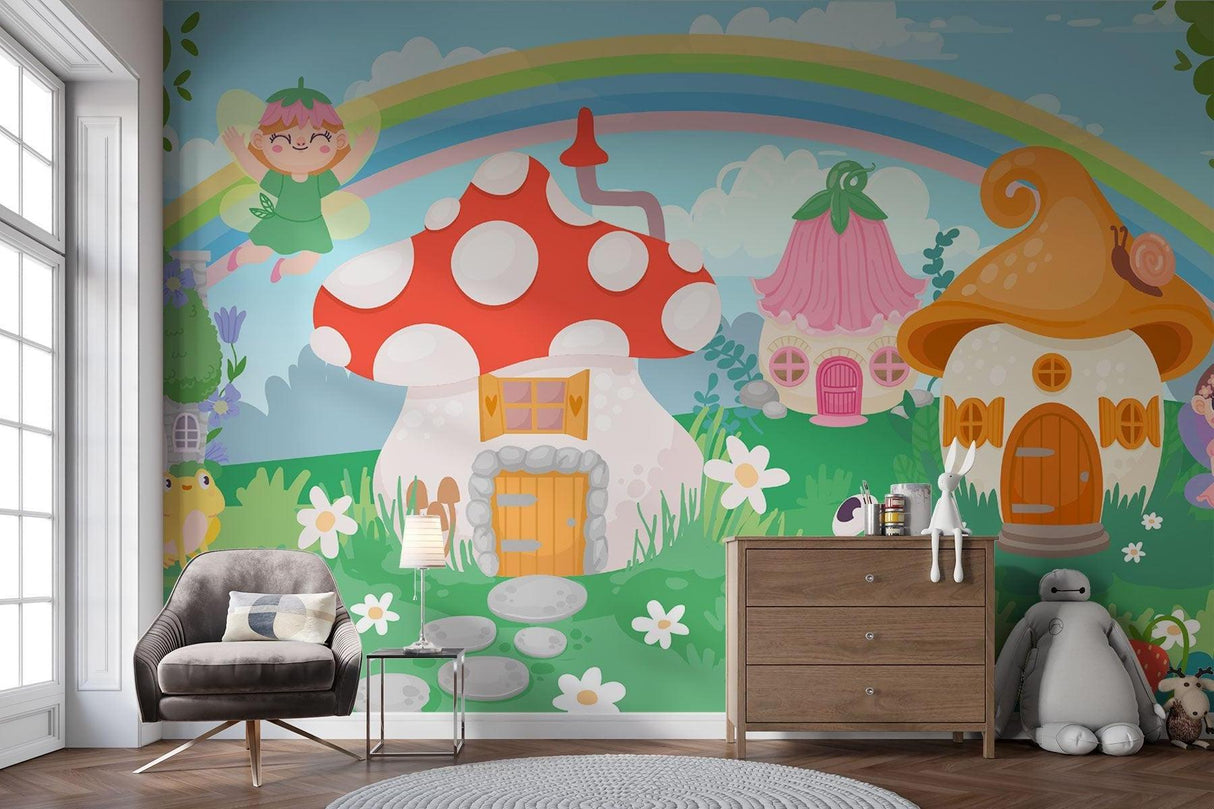 Enchanted Forest Wallpaper in children's bedroom with fairy mushroom houses and playful details