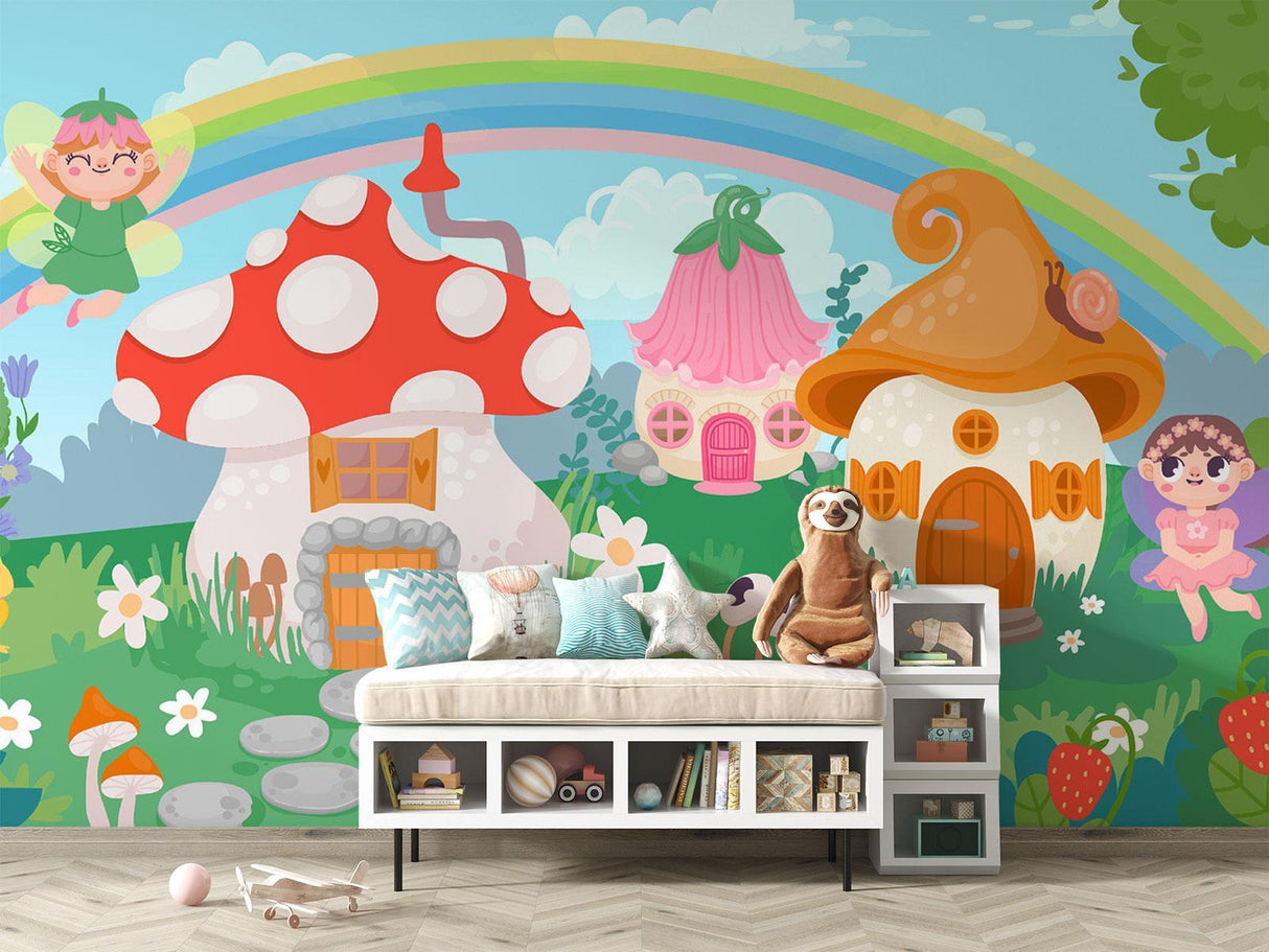 Fairy Garden Mural in playroom showing scale and vibrant colors