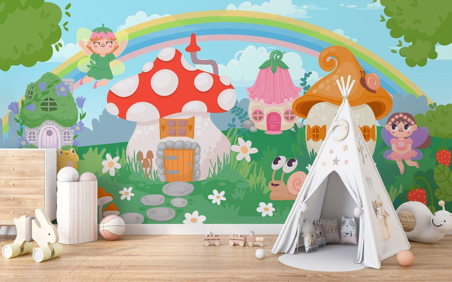 Enchanted Mushroom Wallpaper in modern nursery with rainbow accent wall