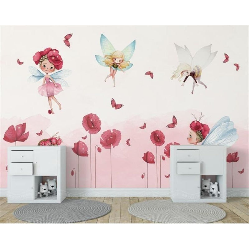 Enchanting fairy wallpaper displayed in a playroom showing the scale of pink poppies and butterfly details