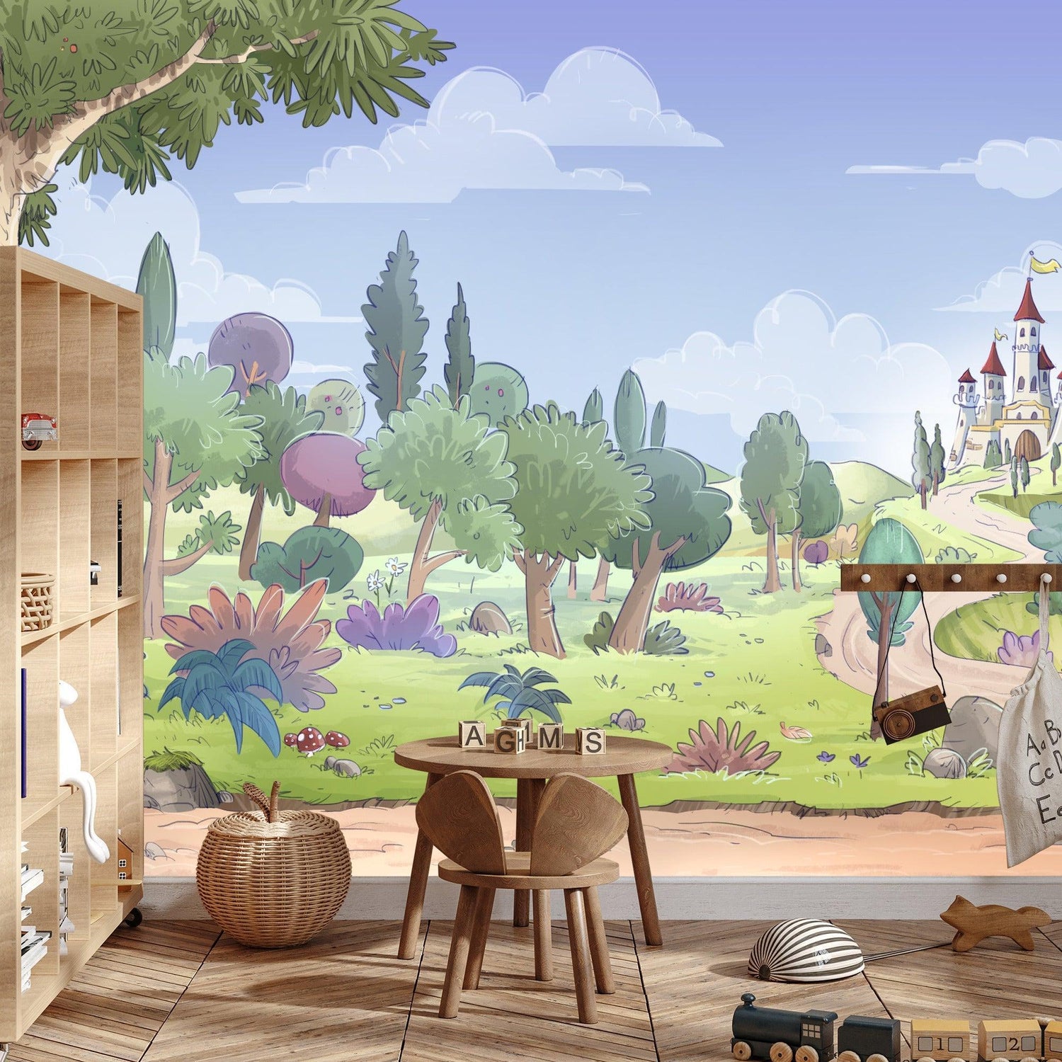 Princess Castle mural wallpaper creating an enchanting atmosphere in a little girl's reading nook