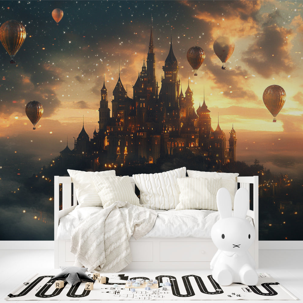 Fantasy castle wallpaper in a cozy bedroom, showing floating hot air balloons against a starlit sky