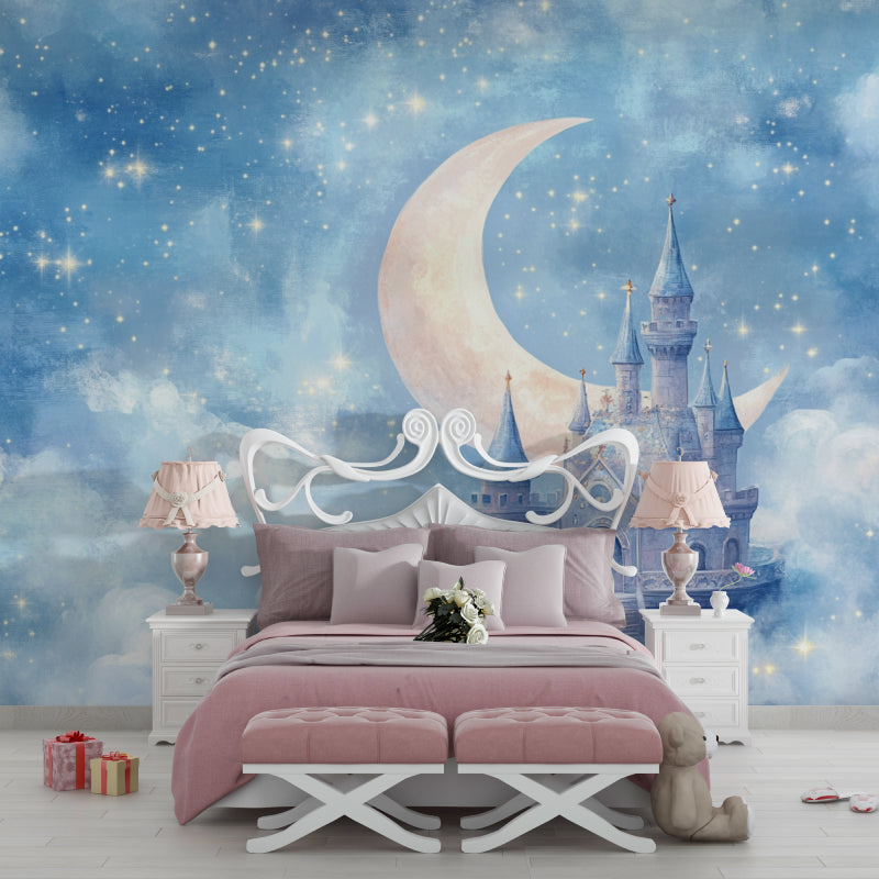 Moon and Castle Wallpaper showcased in a cozy bedroom setting