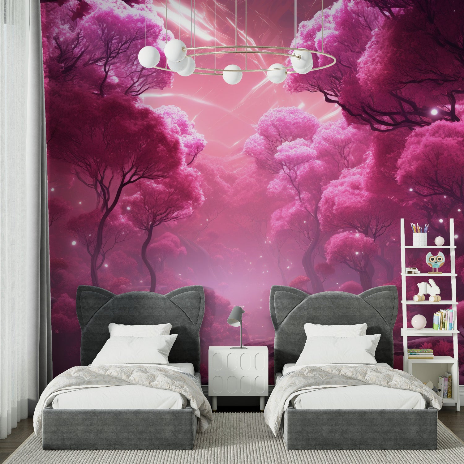 Magical pink forest wall mural adding depth to a playroom space