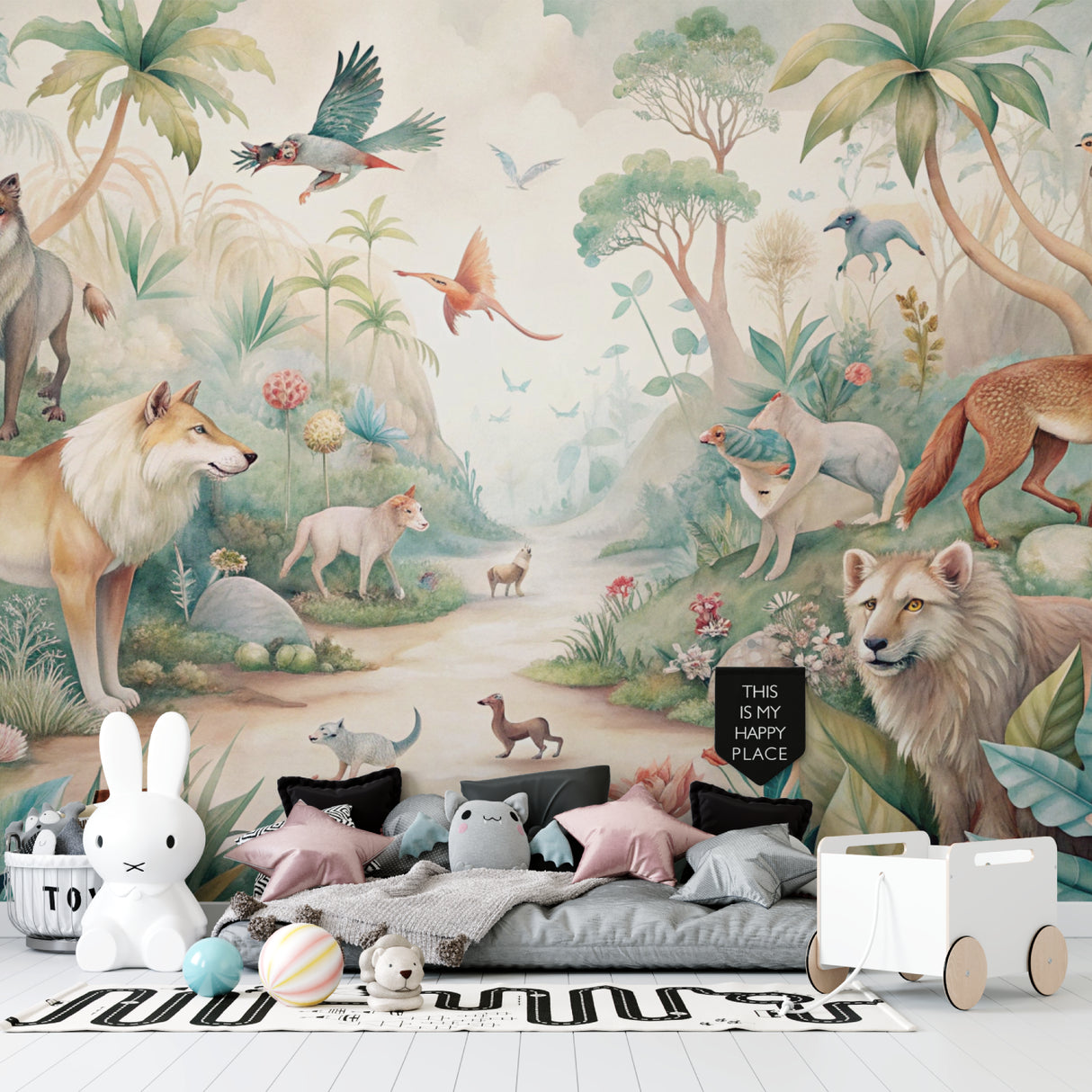 Forest animals wallpaper in cozy nursery with rocking chair and natural light