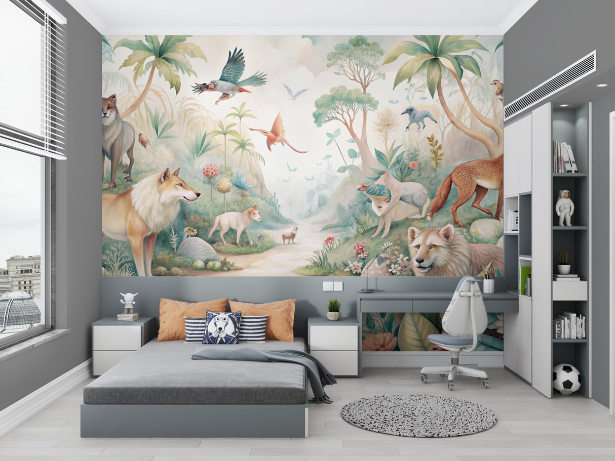 Enchanted forest mural creating depth in modern living room setting