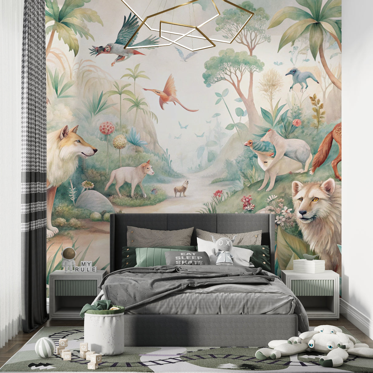 Wildlife wallpaper brightening children's bedroom with reading nook