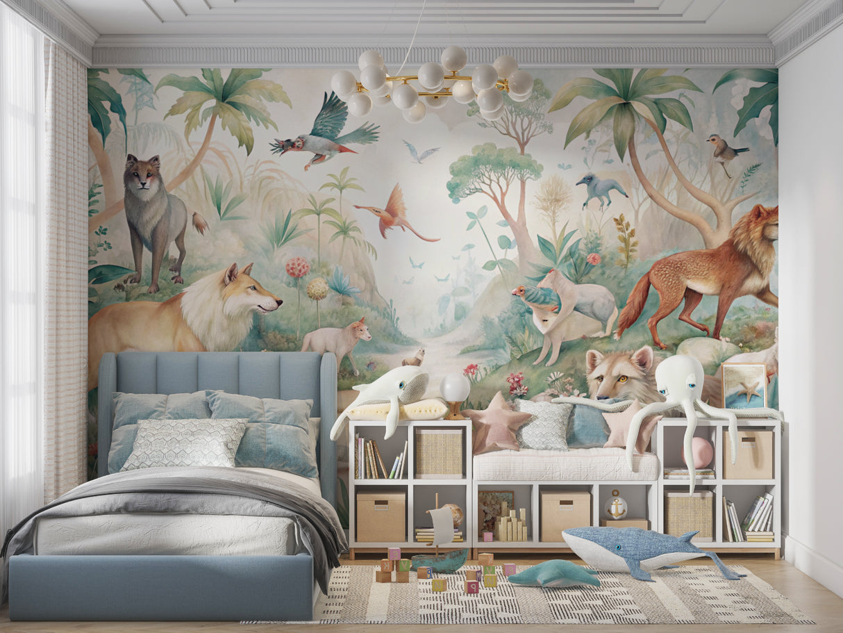 Forest animal mural adding character to playroom with natural toys