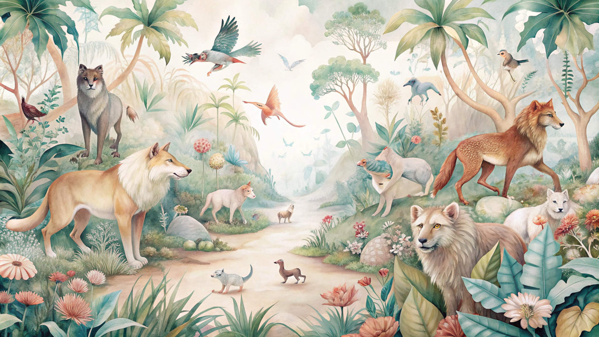 Forest animals wallpaper design file showing intricate wildlife pattern and soft color palette