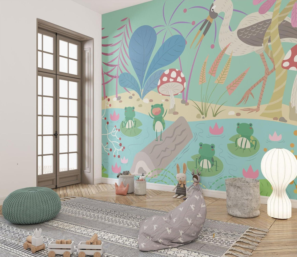 Magical pond wallpaper brightening a child's reading nook with frogs and birds