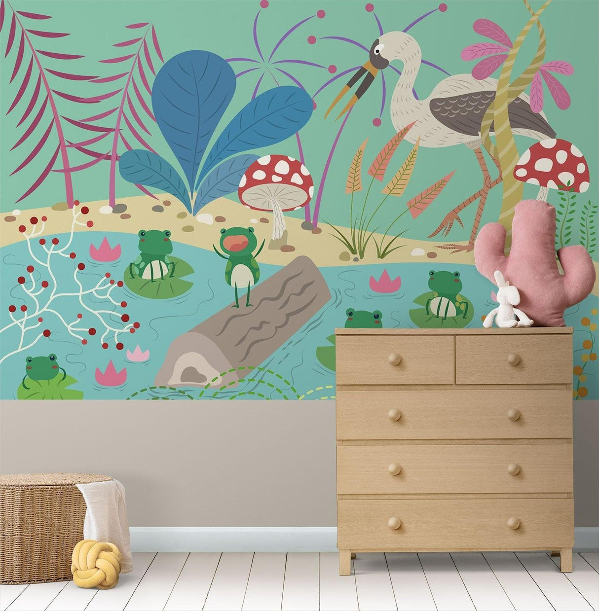 Fantasy kids mural in a cozy bedroom corner with reading chair