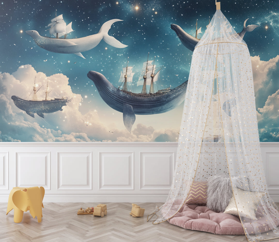 Marine fantasy wallpaper creating a cozy atmosphere in a modern nursery with soft lighting