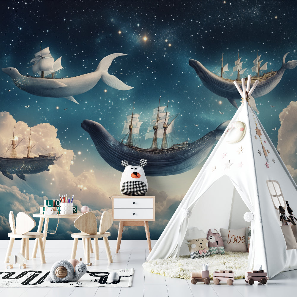 Whales and stars wallpaper brightening a child's bedroom with magical glow