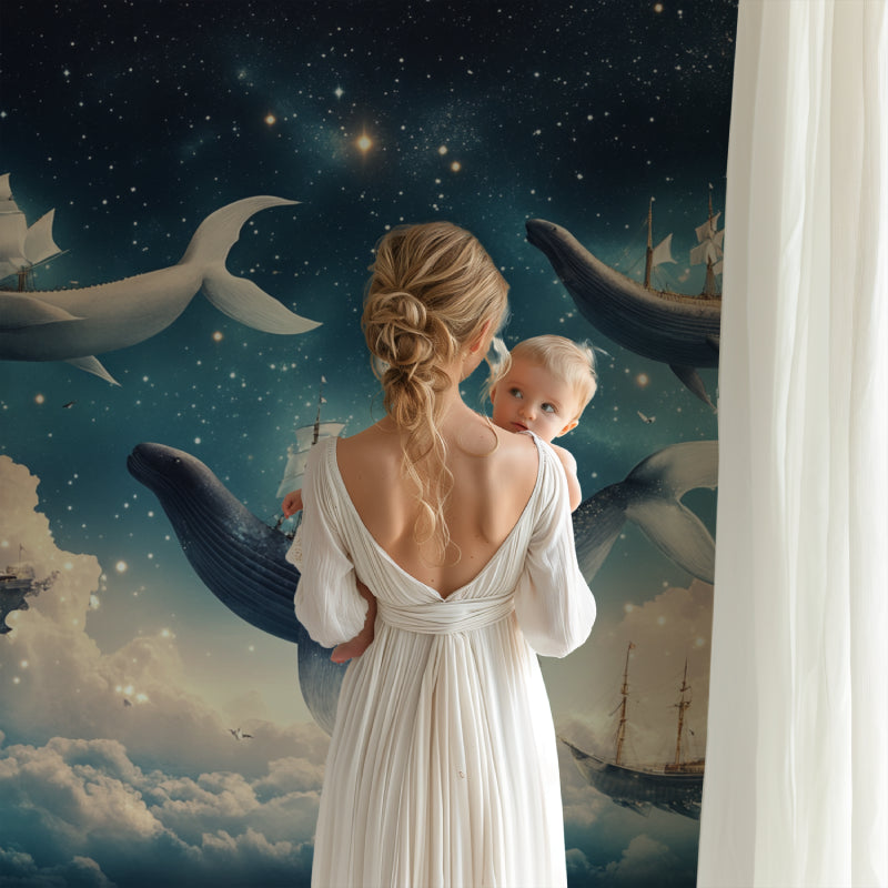 Marine fantasy mural adding depth to a playroom with floating whales