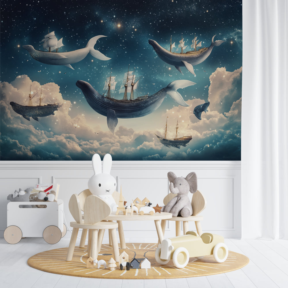 Starry whale wallpaper transforming a reading nook into a dreamy corner
