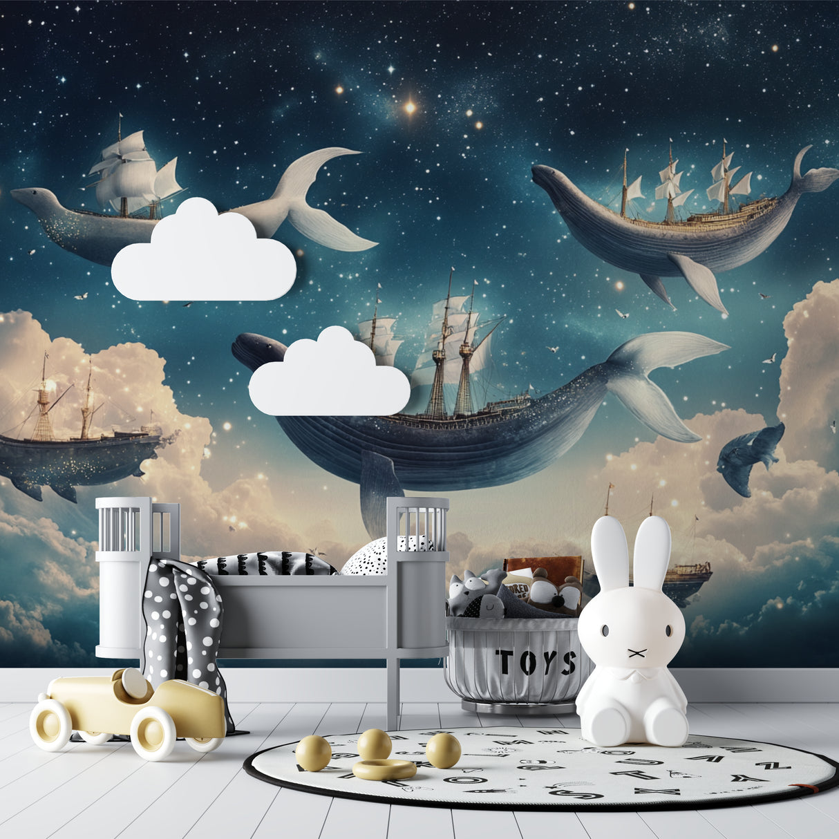 Fantasy marine scene creating wonder in a baby's room with gentle colors