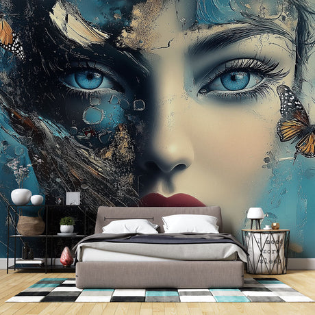 Butterfly Portrait Wallpaper creating drama in modern living room, blue and turquoise tones complement contemporary furniture