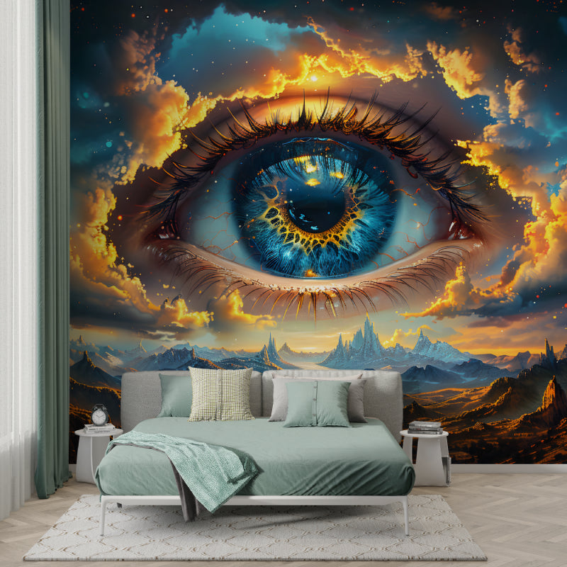 Fantasy eye wallpaper in modern living room creating dreamy atmosphere with mountain backdrop