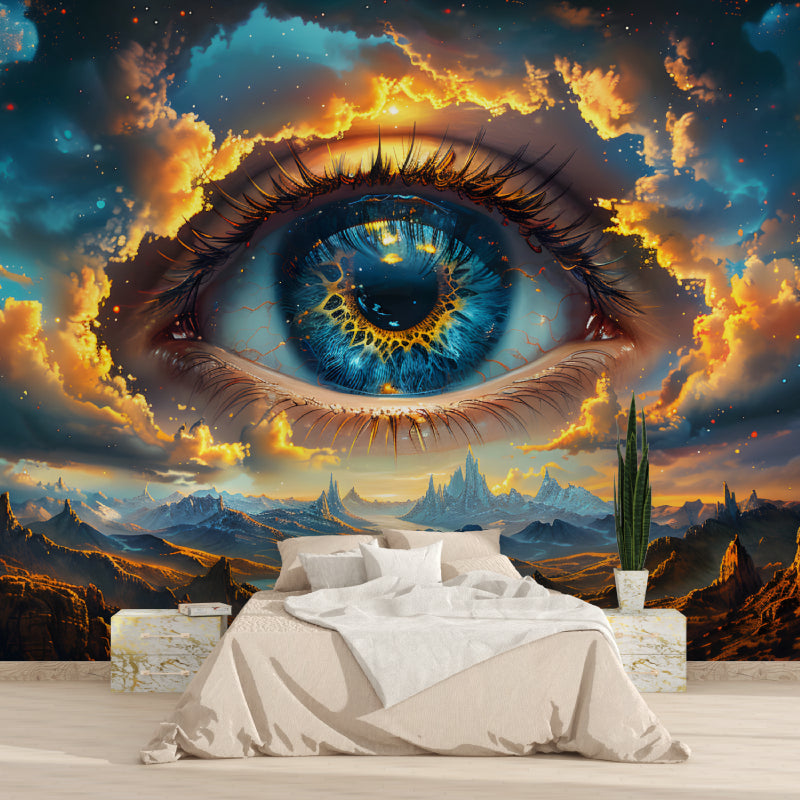 Cosmic eye wall mural in cozy bedroom showing starlit mountain scene