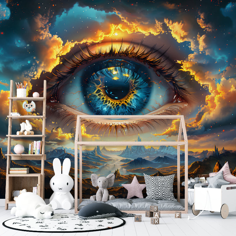 Mountain fantasy wallpaper with cosmic eye design in home office space