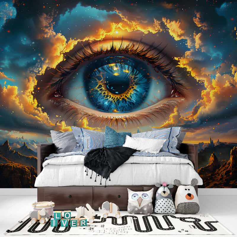 Surreal eye and mountain mural in meditation room showing scale and impact