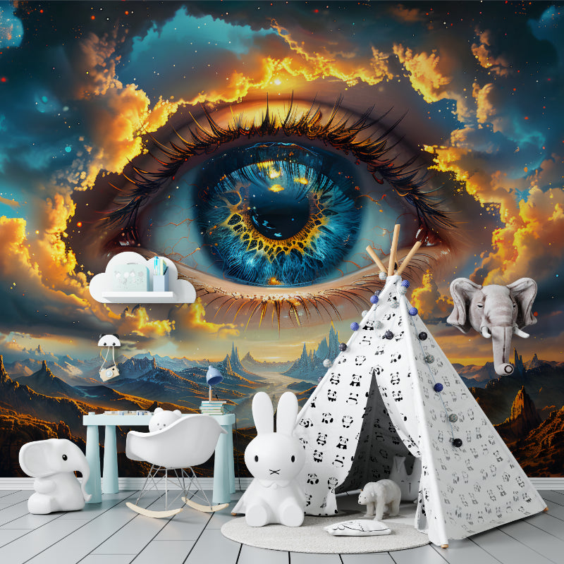 Fantasy wall mural featuring cosmic eye in teen bedroom setting