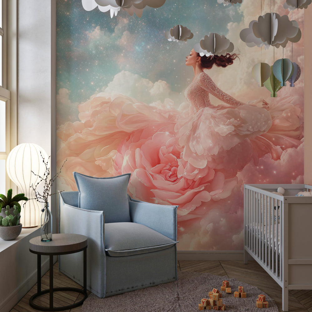 Dreamy princess wallpaper bringing enchantment to a nursery with pink and white decor