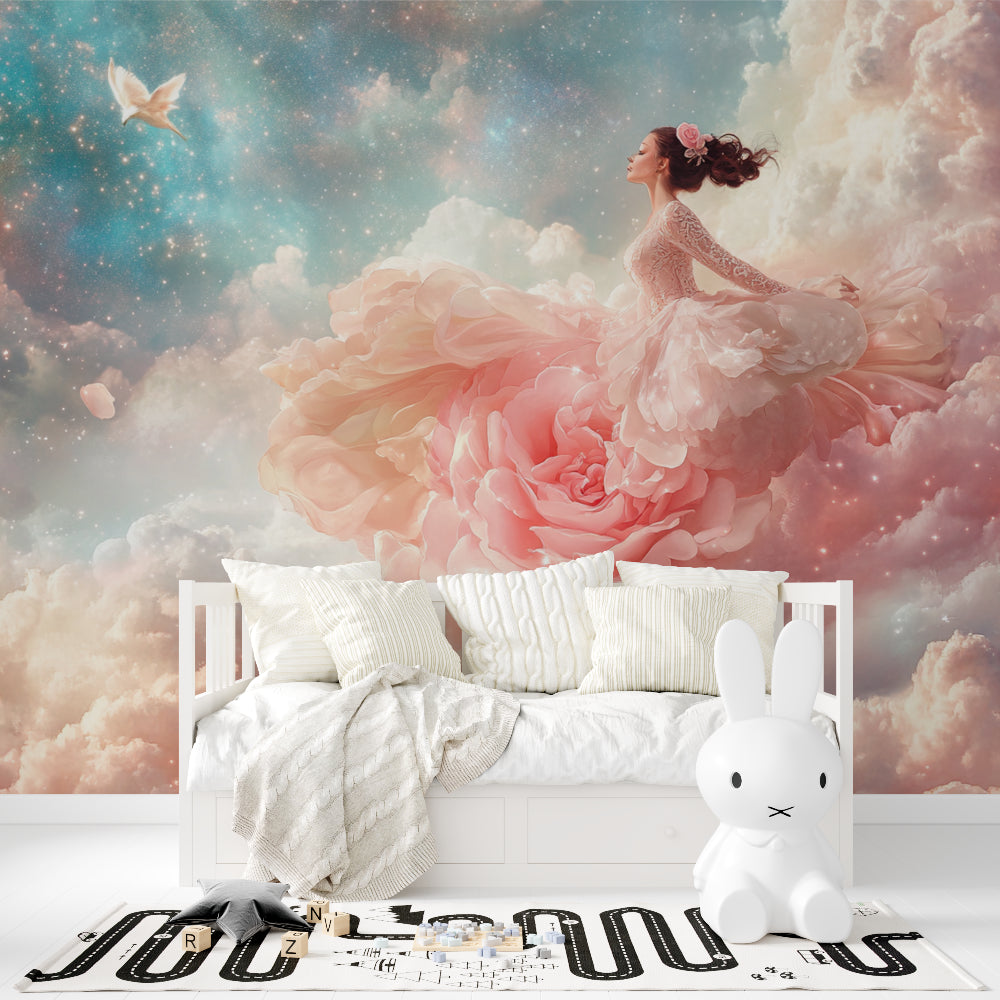 Princess fantasy mural wallpaper transforming a playroom with matching pink accessories