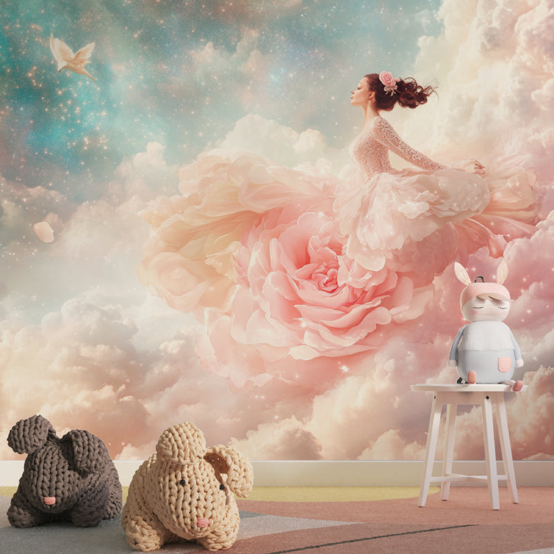 Pink princess wallpaper creating a magical reading nook in a girl's room