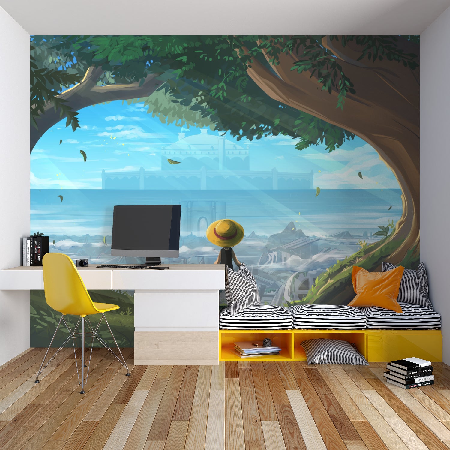 Fantasy Castle Wallpaper creating depth in modern living room, framed by natural window light