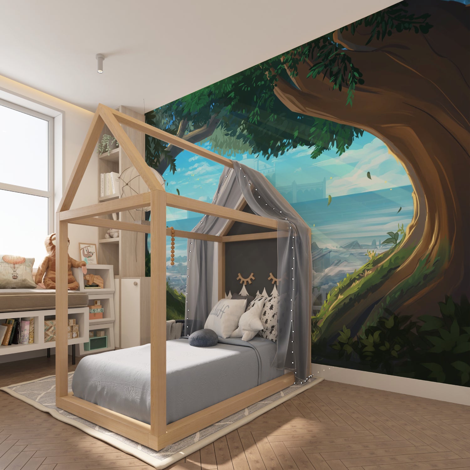 Fantasy Tree Wallpaper bringing magic to child's bedroom with soft lighting